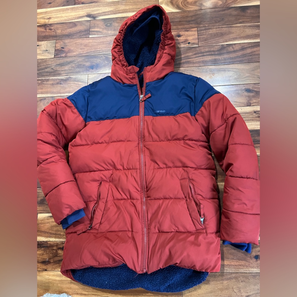 Kids Orange/Red and Blue Puffer Jacket Lands End Fleece Lined L 14-16